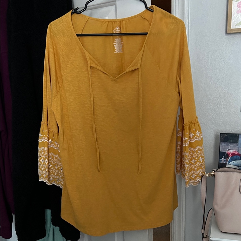 St. John's Bay Mustard Blouse with Lace Accents